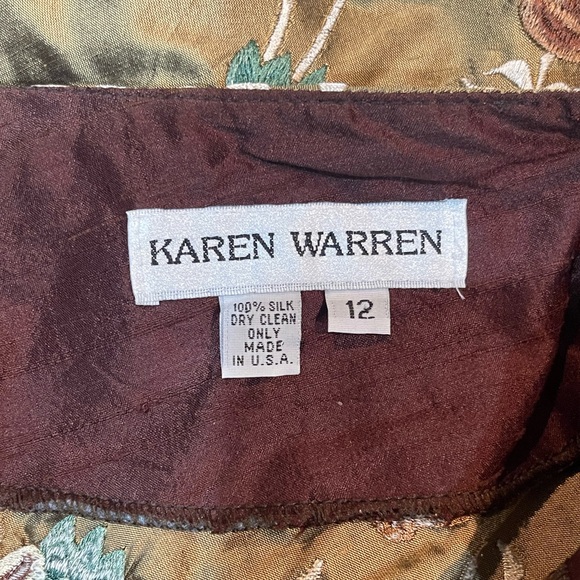 Karen Warren-100% Silk A Line Skirt-Sz 12-Embroidered-Green/Cream - Picture 5 of 5